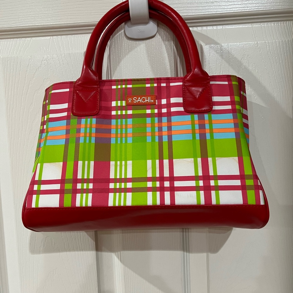 SACHI lunch bag, insulated, NWOT, pink & green plaid, just wipe clean.